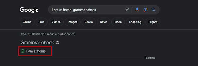 Google Grammar Check feature in action