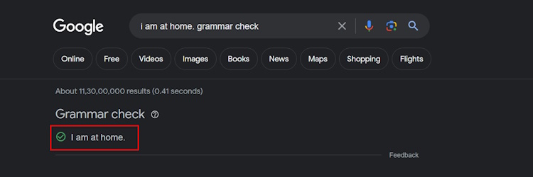 Google Grammar Check feature in action
