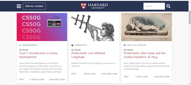 Harvard Online website interface