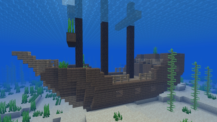 Shipwrecks, structures that can have a buried treasure map that leads you to heart of the sea in Minecraft