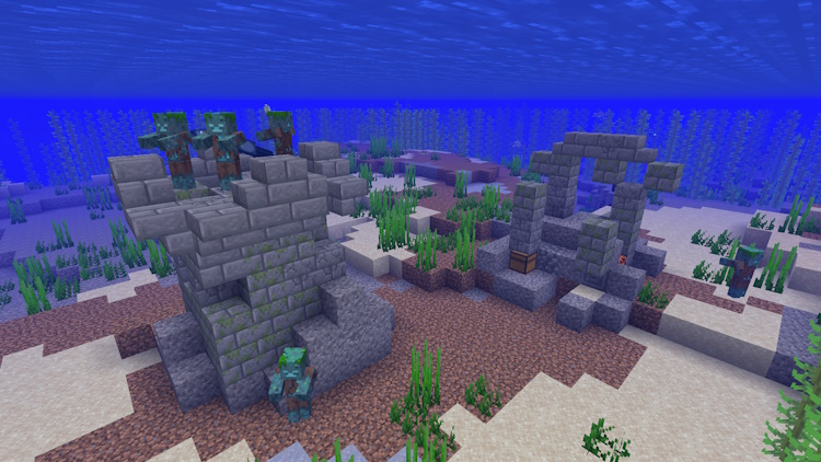 Ocean ruins, structures that can have a buried treasure map that leads you to heart of the sea in Minecraft
