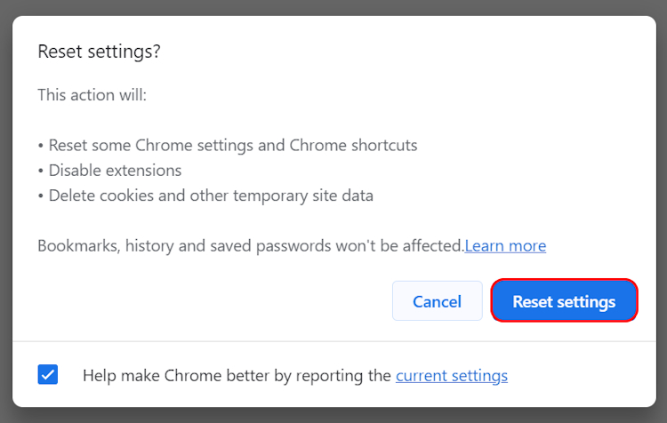 Reset settings Google Chrome confirmation window
