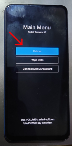 select reboot in xiaomi recovery screen