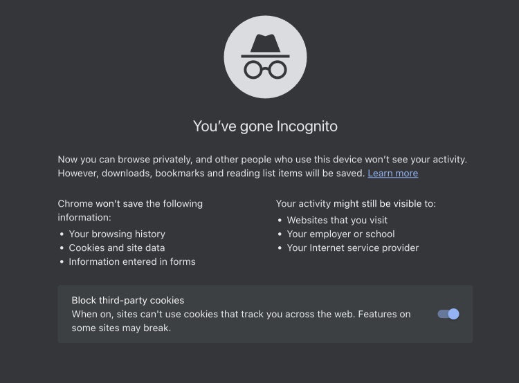 A screenshot of Google Chrome's incognito mode 