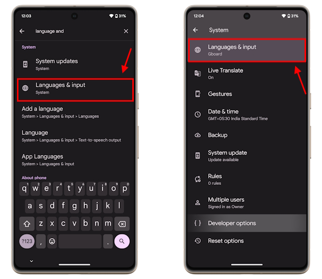 Language and Input option in Settings on an Android phone
