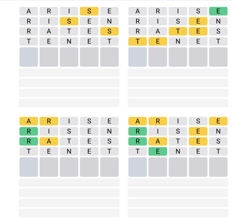 A screenshot of quordle grid 