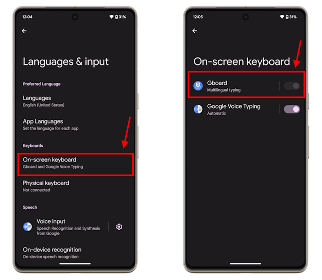 On Screen Keyboard option in Settings in an Android phone
