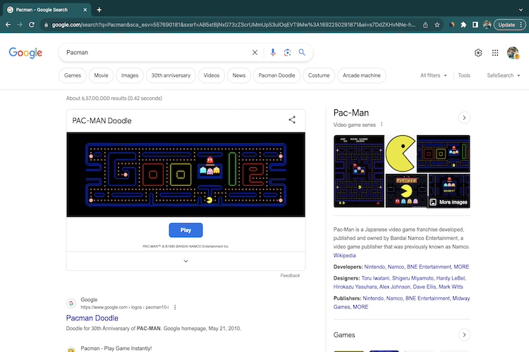 Pacman Google search easter egg page