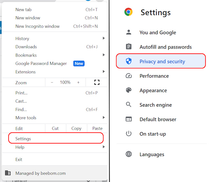 Privacy and Security settings in Google Chrome