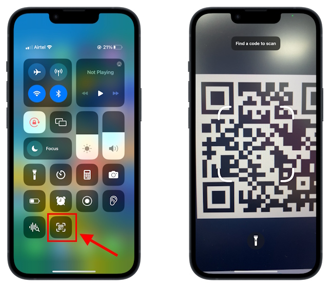 QR Code Reader Shortcut in Control Center on iPhone