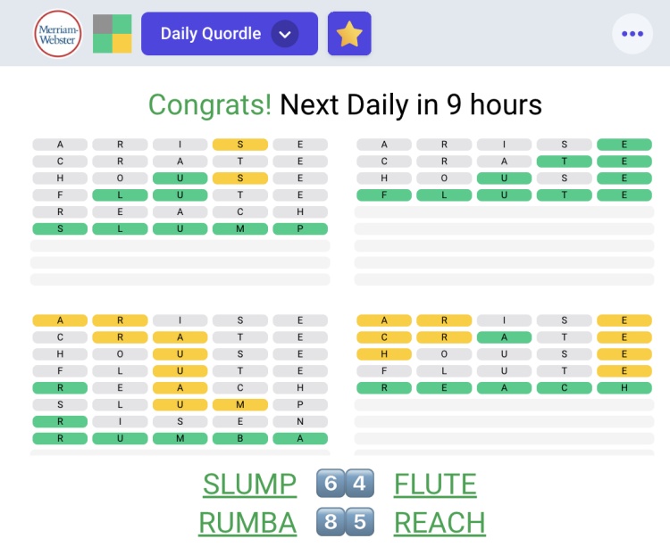 A screenshot of the final quordle answers 