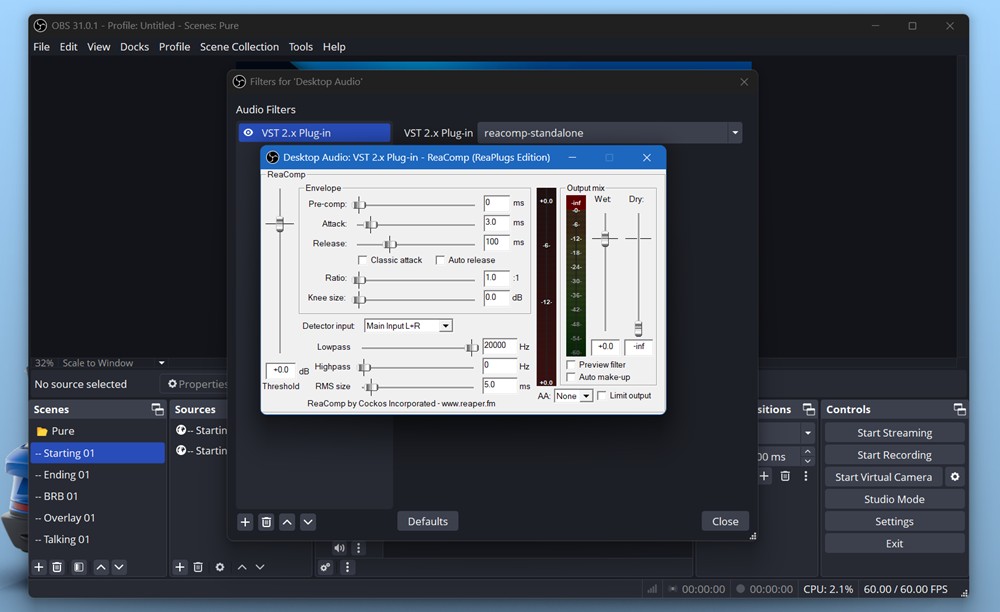 ReaPlugs VST FX Suite in OBS window