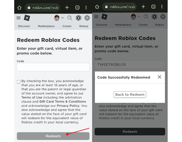 Redeem button and Redeem successful option