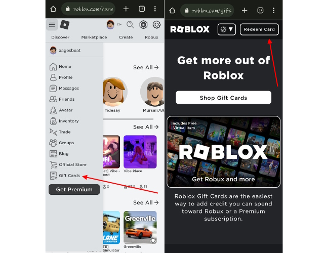 Redeem gift card section in Roblox mobile