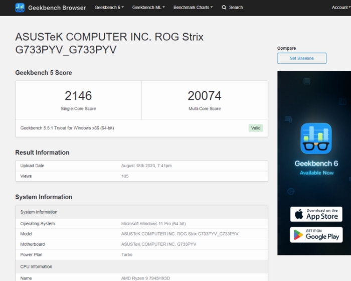 Leaked GeekBench 5 Scores for AMD Ryzen 9 7945HX3D