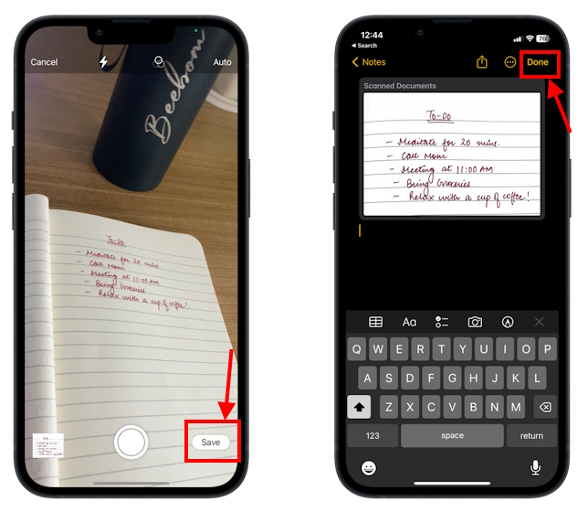 Save a scanned document on iPhone in Notes app