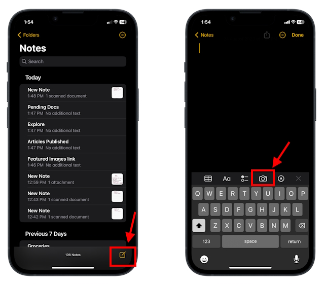 Finding the Camera icon in the iOS Notes app