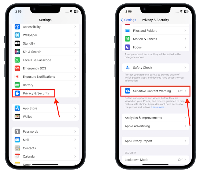 Finding the Sensitive Content Warning option on iOS