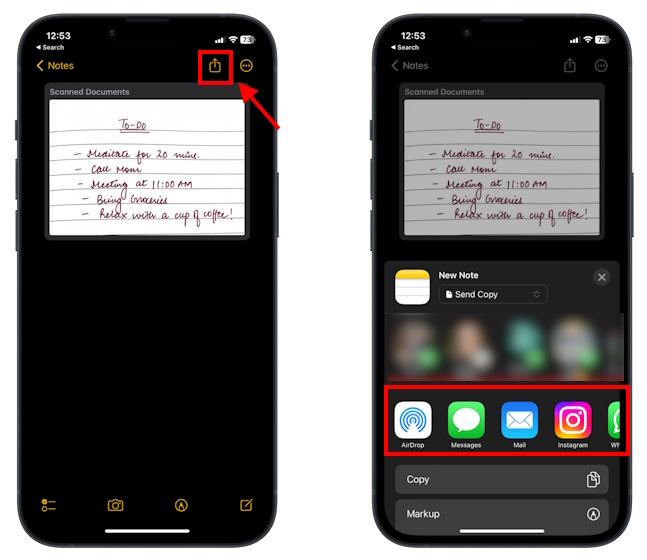 Share a scanned document on iPhone via Notes app