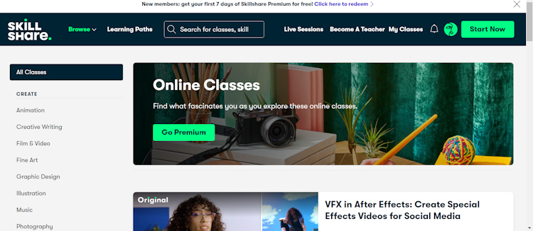 Skillshare website interface