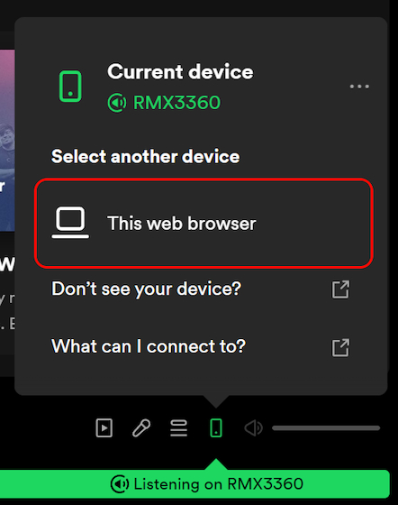 Connecting to web browser on Spotify Web Player