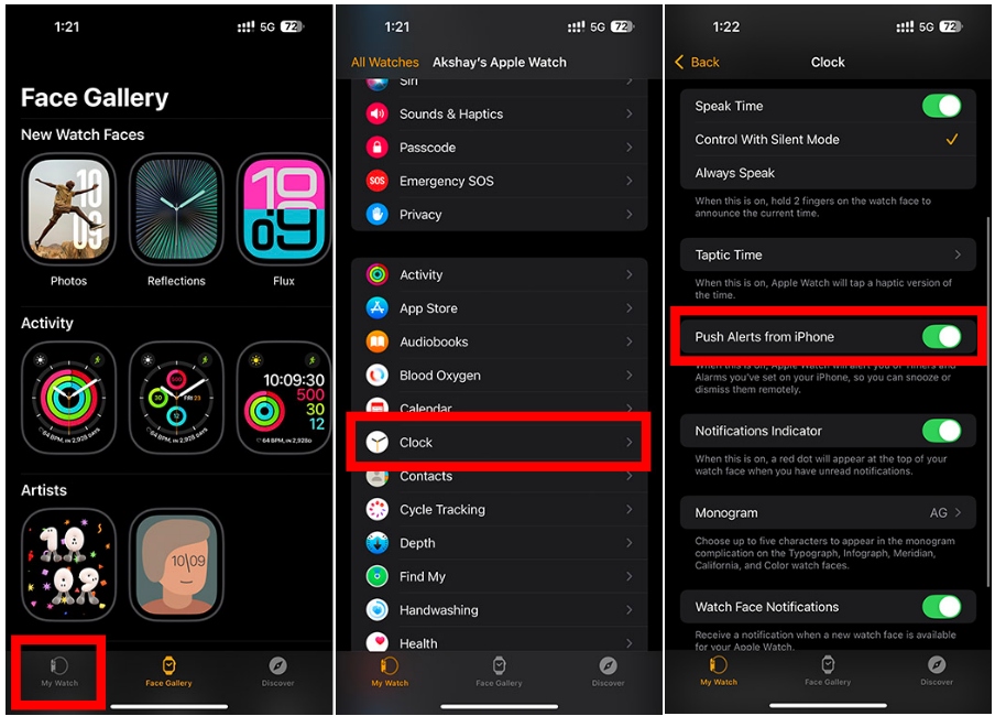 screenshots showing the process of enabling alarm sync between iPhone and Apple Watch