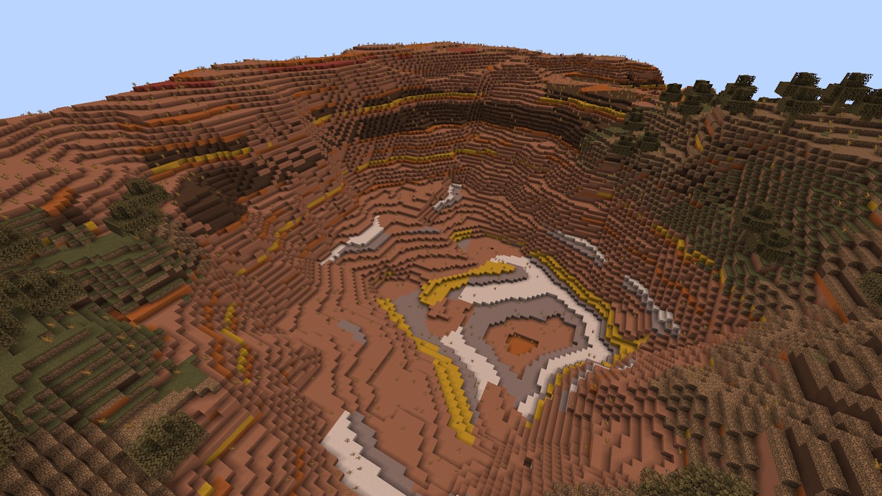 Massive badlands biome covered with terracotta blocks in Minecraft