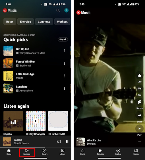 The New Samples tab in the YouTube Music app