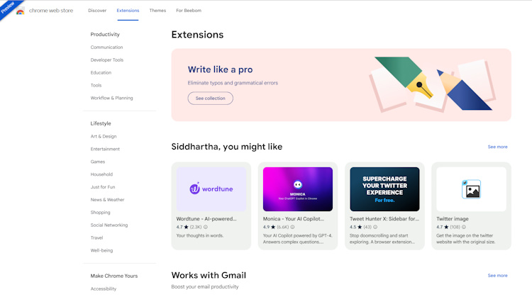 The revamped Extensions page for the redesigned Chrome Web Store