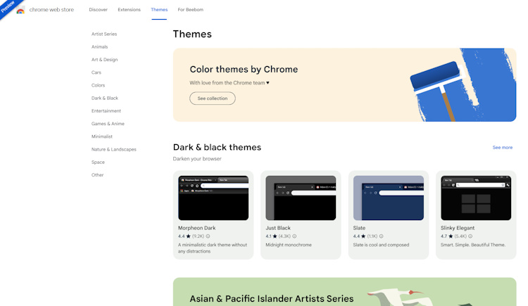 The revamped Themes page for the redesigned Chrome Web Store