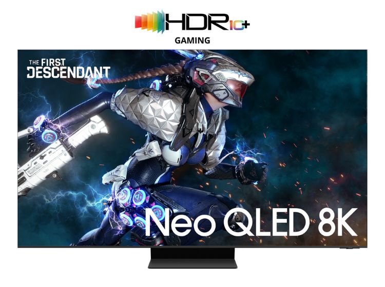 This image showcases Samsung's Neo QLED 8K display and the Descendant game