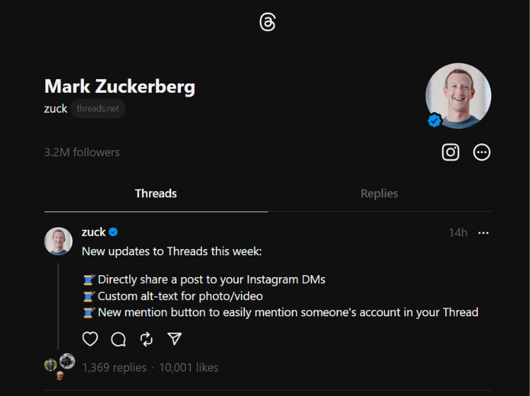 Threads feature announcement by Mark Zuckerberg