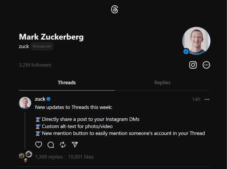 Annonce De La Fonctionnalité Threads Par Mark Zuckerberg