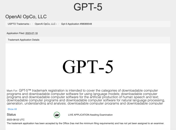 A screenshot of the OpenAI's trademark application