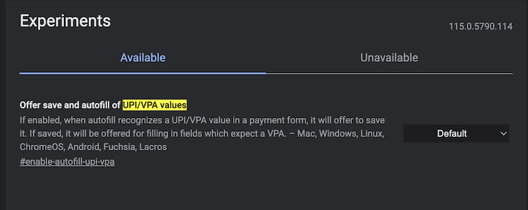 UPI/VPA values chrome flags