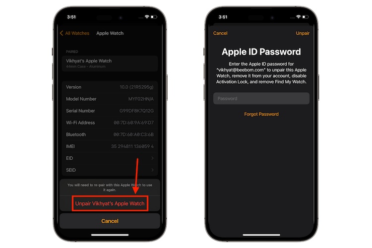 steps to unpair Apple Watch from iPhone