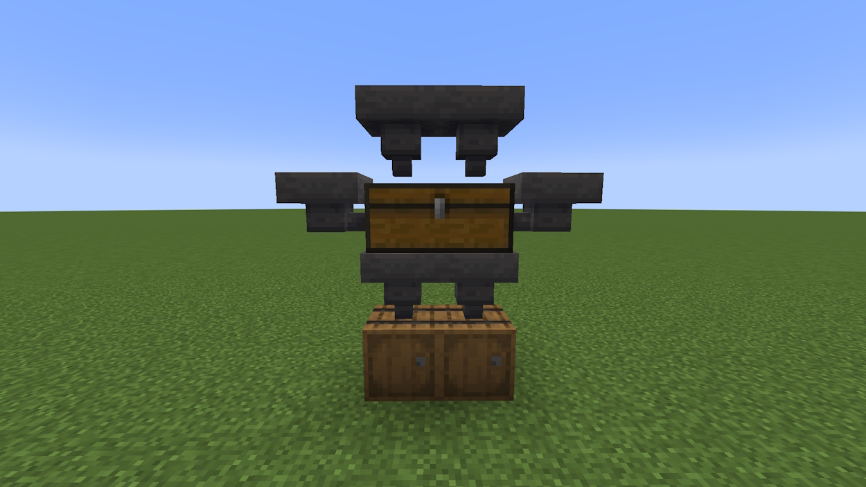 Hoppers facing in different directions and being attached to chests and barrels in Minecraft