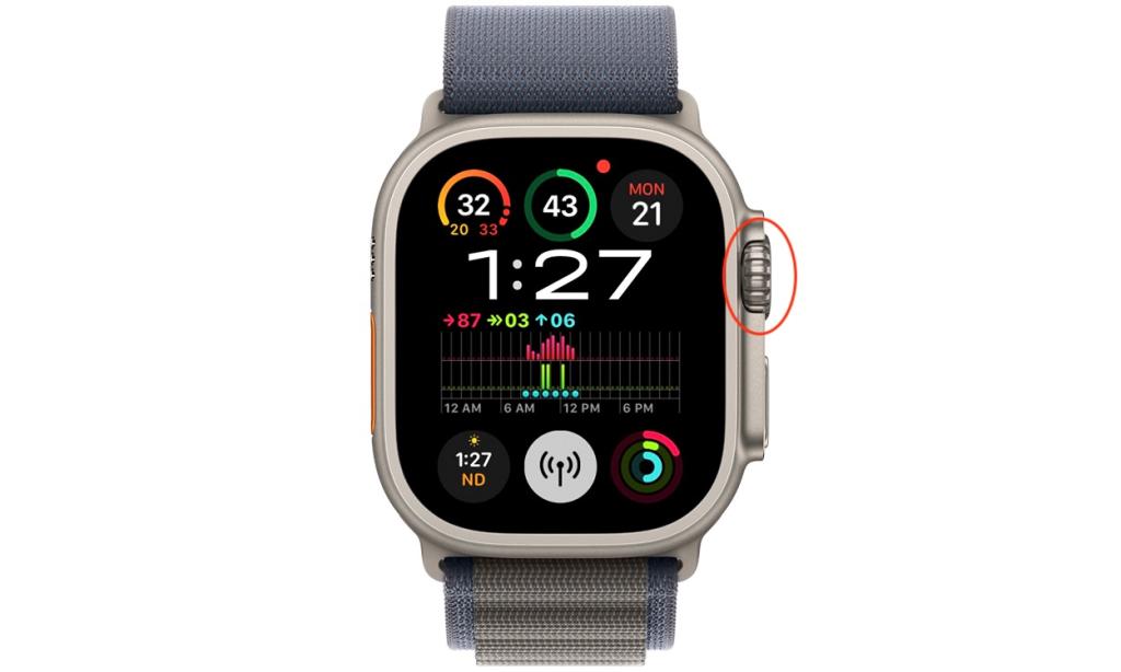 Apple Watch Ultra 2 with Digital Crown highlighted to show its position