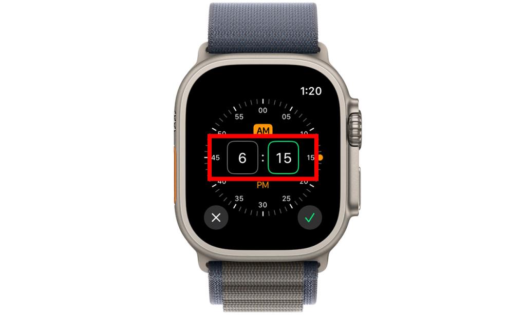 Adjust the alarm time (in hours and minutes) in Apple Watch alarms app