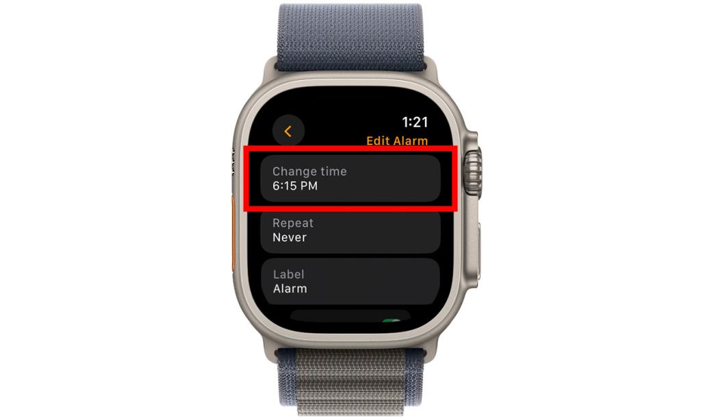 Change time option in alarm settings on Apple Watch