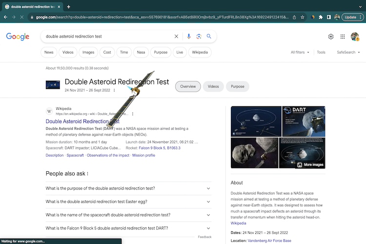 Dart mission google search easter egg page