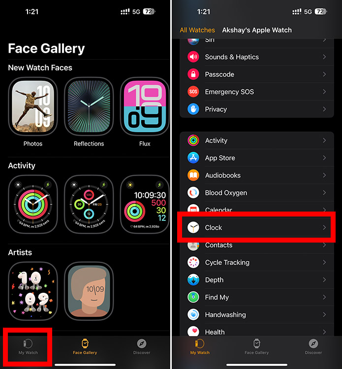 Watch app on iPhone with My Watch tab and Clock app options tab highlighted