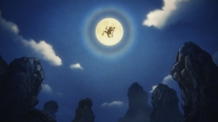 Monkey d luffy gear 5 sub god nika mode from one piece anime episode 1076  floating in the sky surrounded by lanterns lit by Wano citizens