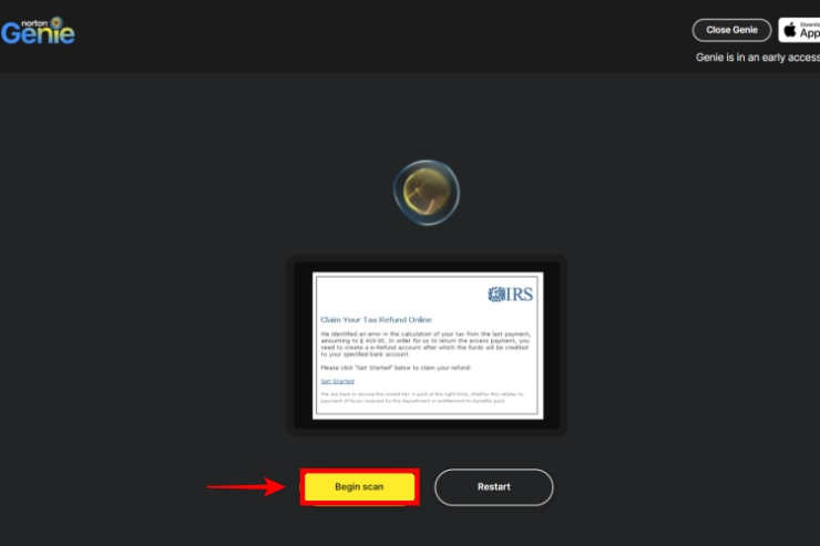 Begin Scan button in Norton Genie website