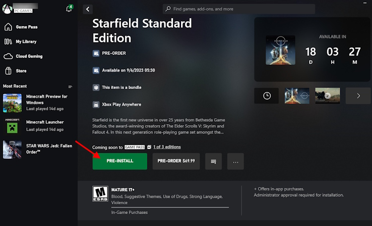 preload starfield via xbox app on windows