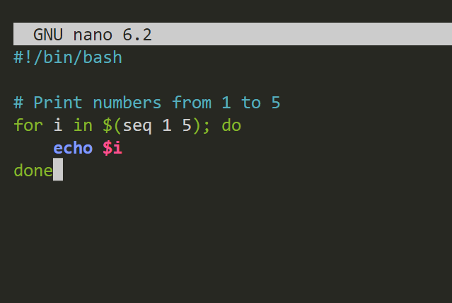 using a bash script to print all integers from 1 to 5