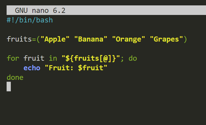 bash script to print the fruit names in an array with for loop