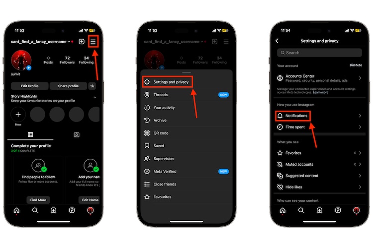 steps to access notification settings on Instagram
