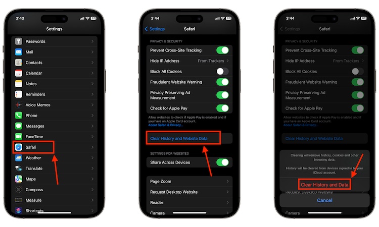 Steps to clear safari browser cache on iPhone