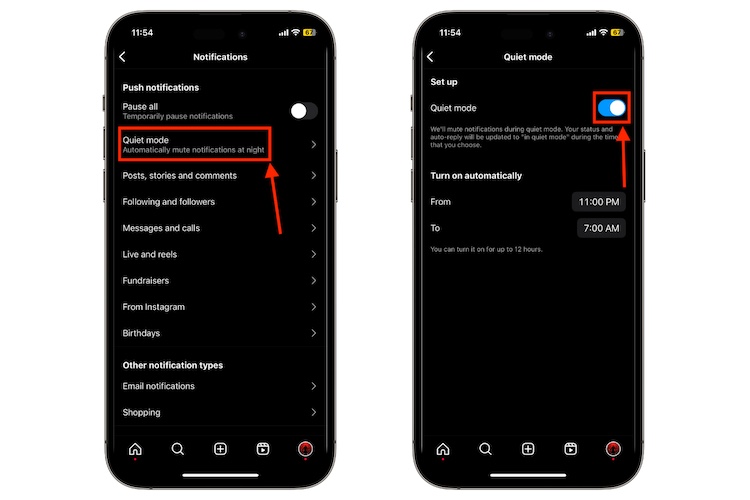 steps to turn on quiet mode on Instagram